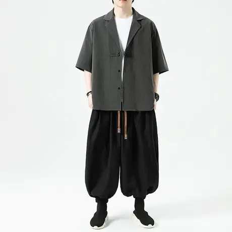 新中式古巴领冰丝衬衫男短袖中国风唐装搭配一套男装西装领衬衣潮商品大图