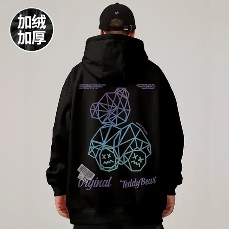 大码男装2023春秋季新款小熊潮牌卫衣加绒加厚宽松套头情侣装外套图片