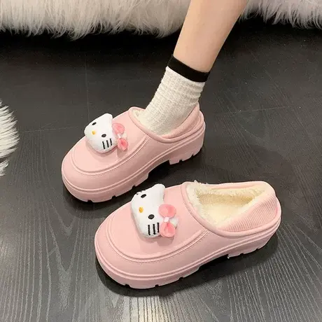 韩版个性搞怪呆萌青蛙包跟棉拖鞋女冬季甜美凯蒂猫草莓熊防滑雨鞋商品大图
