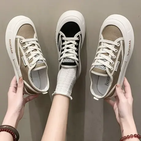 板鞋女松糕厚底小香风帆布鞋2023春季新款单鞋爆款软底休闲小白鞋商品大图
