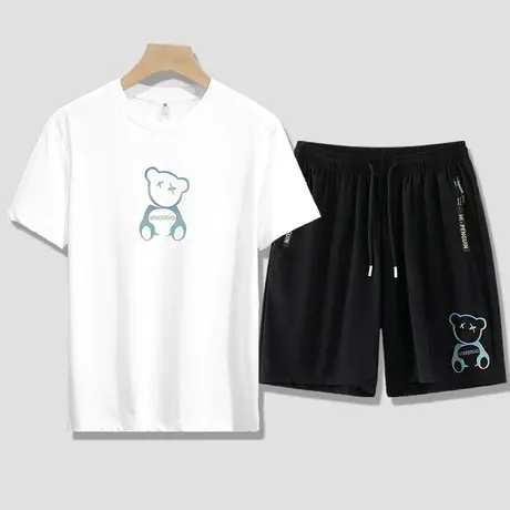 短袖短裤套装男士运动冰丝t恤凉感速干休闲宽松五分裤小熊两件套图片