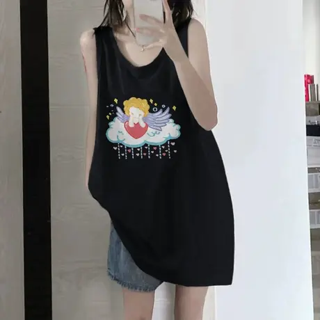 纯棉吊带坎肩背心无袖t恤女夏季设计感小众外穿宽松港风挂脖上衣商品大图