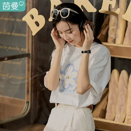 茵曼2023春女装新款文艺印花舒适纯棉立体钉珠花花短袖T恤上衣图片