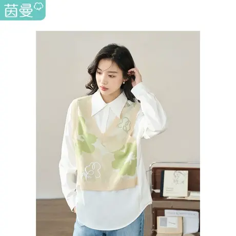 【商场同款】茵曼假两件衬衣2023秋季女装新款翻领长袖毛织上衣商品大图