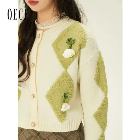 Oece复古设计感开衫外套2022秋冬季新款女装气质慵懒风毛衣女商品大图