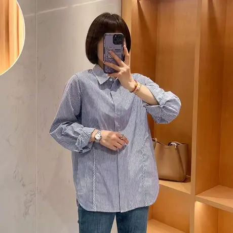 蓝色条纹衬衫女秋季新款设计感小众小个子衬衣法式别致长袖上衣潮商品大图