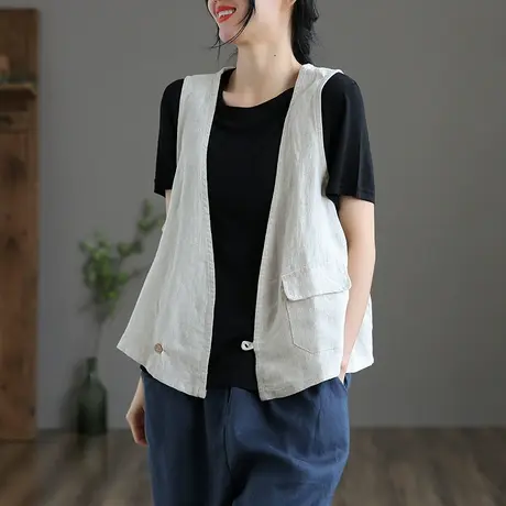 dza 棉麻上衣女士外穿搭马甲2022夏季新薄款亚麻马夹背心宽松坎肩图片