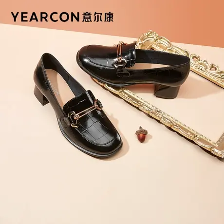 意尔康女鞋亮面真皮时尚马衔扣乐福鞋女粗跟中跟方头单鞋小皮鞋秋商品大图