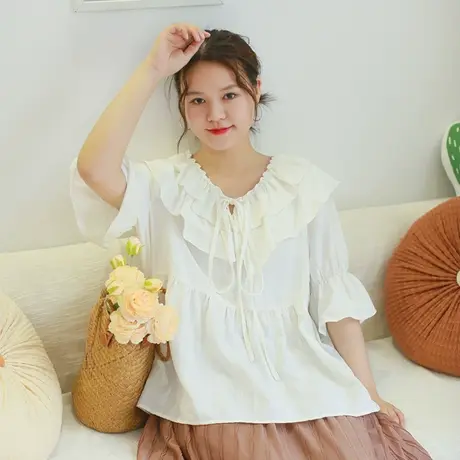 胖妹妹夏季2023新品棉质荷叶领宽松衬衫 大码微胖法式气质小白衫商品大图