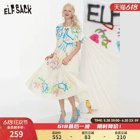 妖精的口袋原创猫咪涂鸦宽松连衣裙女2025夏季新款蕾丝拼接休闲裙图片