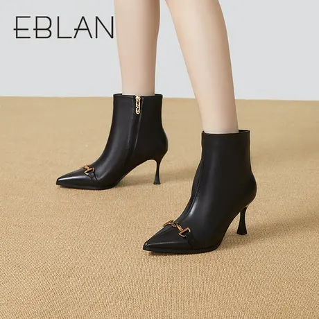 EBLAN伊伴女鞋秋冬时装靴尖头优雅酒杯跟皮靴金属扣饰瘦瘦靴女靴图片