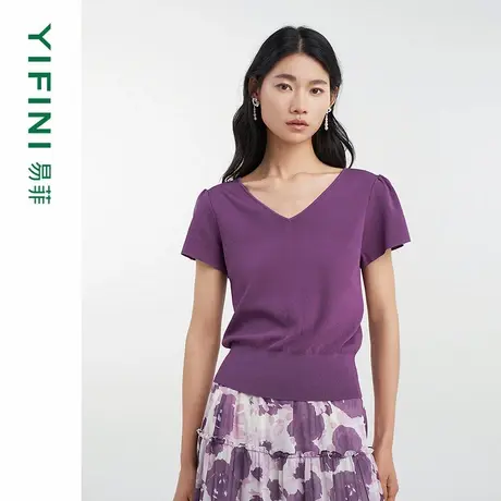 [专柜同款]Yifini/易菲V领荷叶边盖袖设计感小众短款针织毛衫上衣商品大图