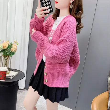 网红短款V领针织开衫女2023年新款早秋宽松设计感小个子毛衣外套商品大图