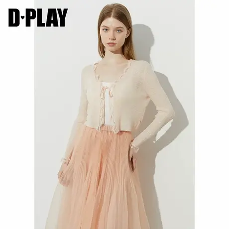 DPLAY【惠品】2025年夏季新款粉色上衣女短款蕾丝针织衫长袖开衫图片