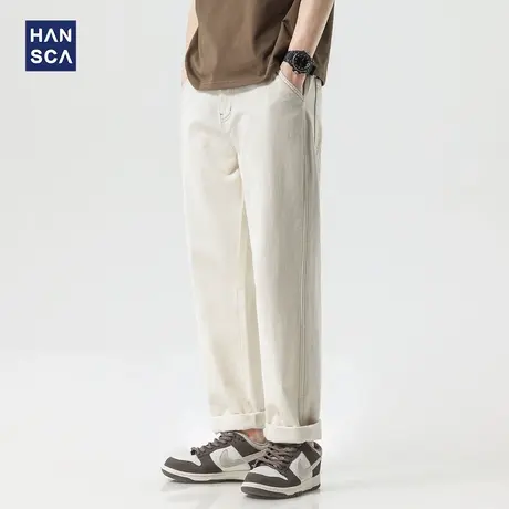 hansca米色纯棉宽松牛仔裤男2025年春季日系纯色简约百搭直筒长裤商品大图