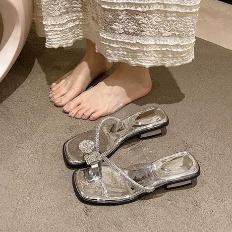 法式水钻凉拖鞋女2025新款银色百搭外穿洋气海边拖鞋气质粗跟凉鞋商品大图