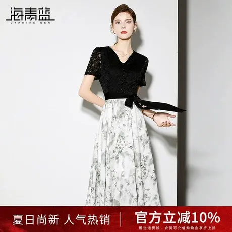 海青蓝时尚气质V领蕾丝拼接裙子2024夏新款假两件显瘦印花连衣裙图片