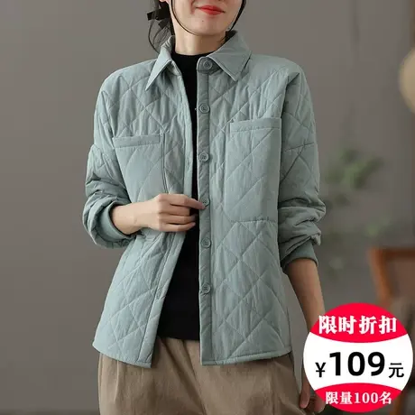 dza 短款衬衫领菱格棉衣棉服女2022冬季新款轻薄保暖宽松棉袄上衣商品大图