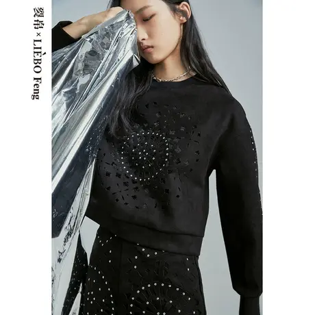 裂帛LIEBOFeng设计师品牌2023年镂空铆钉麂皮绒黑色宽松套头卫衣商品大图