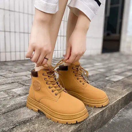 增高厚底黄色马丁靴子女鞋2022年新款夏季薄款法式小裸短靴大黄靴商品大图