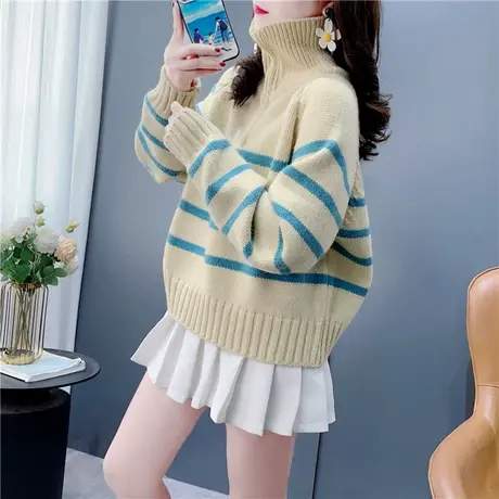 条纹翻领半拉链套头毛衣女秋冬2024新款韩系宽松加厚软糯打底上衣图片