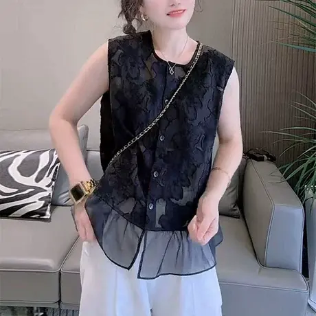 时尚提花无袖衬衫女2025夏季新款韩版小众网纱拼接洋气百搭上衣潮商品大图