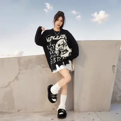 美式复古破洞毛衣女春秋2025年新款潮牌印花设计感长袖针织衫上衣商品大图