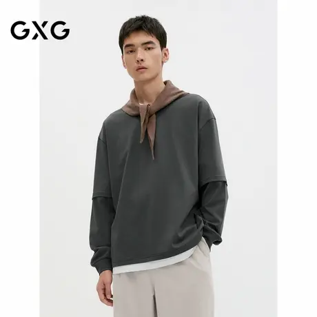 GXG男装 深灰色字母设计基础假两件长袖T恤男内搭 24年秋季品商品大图