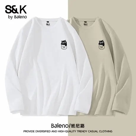 班尼路S&K系列白色T恤男长袖秋季青少年内搭打底衫男大码纯棉上衣商品大图