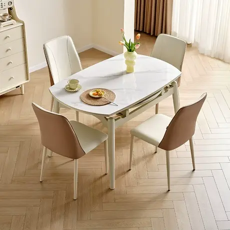 全友家居2024新款奶油风实木框架岩板餐桌家用可伸缩饭桌商品大图