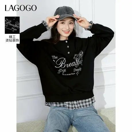 LAGOGO格纹拼接黑色卫衣女拉谷谷2025年秋季新款美式慵懒长袖上衣图片