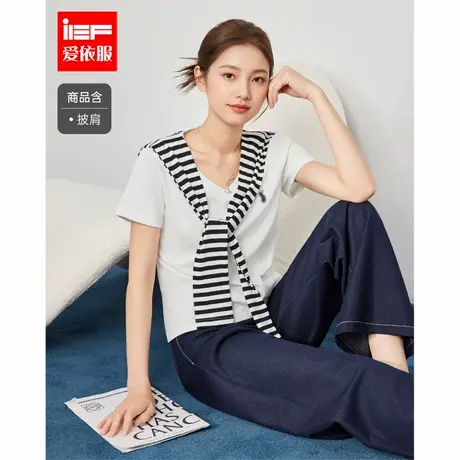 IEF/爱依服2025秋季新款复古高智风通勤气质百搭V领带披肩T恤上衣图片