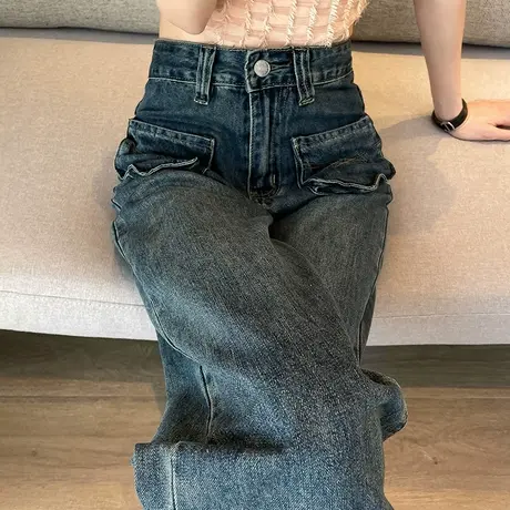 工装阔腿牛仔裤女2023年春秋新款高腰窄版宽松显瘦复古做旧直筒裤商品大图