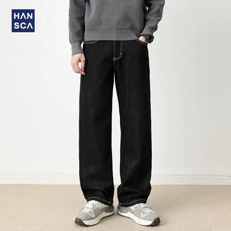 hansca植绒cleanfit直筒宽松阔腿黑色牛仔裤2025新款男秋季长裤子商品大图