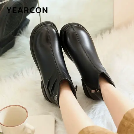 意尔康短靴女冬季加绒保暖羊皮舒适不累脚显瘦宽脚胖脚大码靴子图片