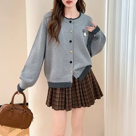 唐狮新款圆领开衫毛衣女撞色气质趣味设计感针织衫上衣韩系轻熟tu商品大图