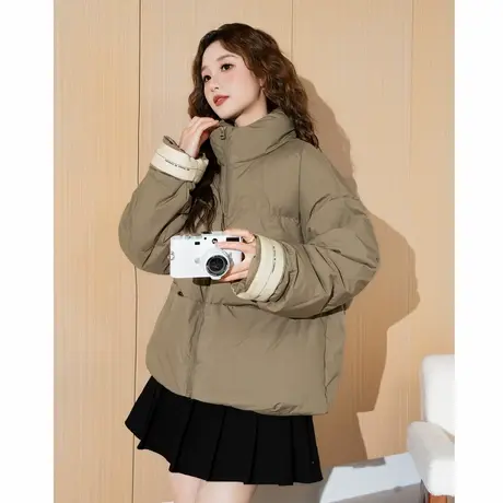 唐狮立领短款气质款羽绒服女冬装新款棕色面包服美拉德穿搭外套tu图片