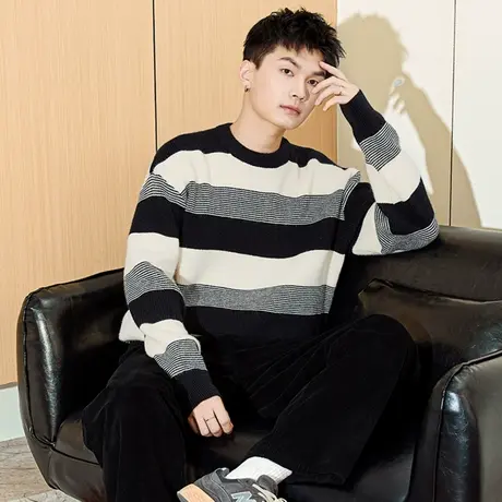 唐狮冬季新款条纹毛衣男生青少年潮流针织毛线衫套头圆领潮TD图片