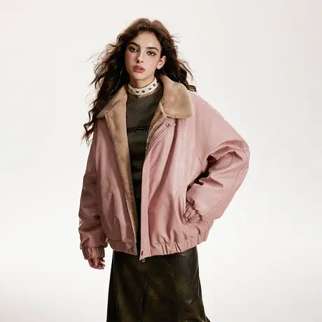 加厚毛毛PU皮棉服女冬天皮衣外套2023新款潮牌复古宽松设计感棉衣图片