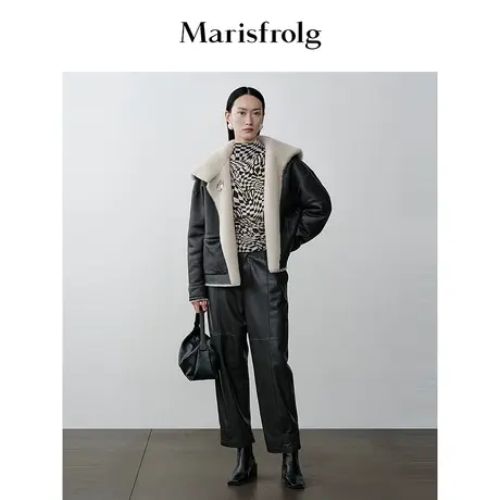 【商场同款】玛丝菲尔2023年冬季新款灰咖色翻领显瘦羊羔毛外套图片