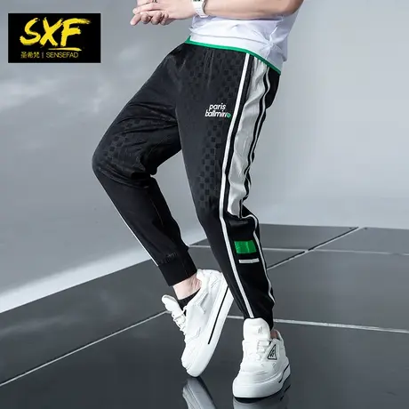 SXF圣希梵男士休闲裤 夏季薄款长裤暗纹格子小脚裤子运动裤男潮牌图片