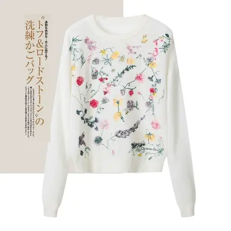 享永子【100%绵羊毛】小众设计提花圆领套头针织衫毛衣外套女秋冬图片