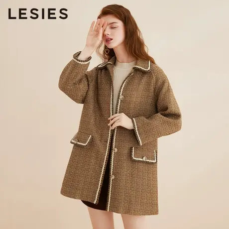 LESIES蓝色倾情秋冬女装大衣小香风复古高级感宽松中长款毛呢外套图片