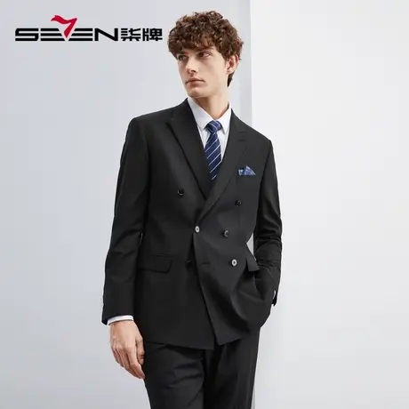柒牌条纹西服套装男2023春季新款双排扣职业西装结婚新郎黑色礼服图片