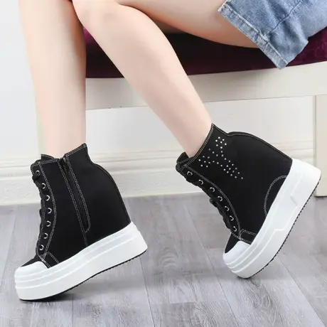 小个子12cm内增高女鞋2023新款黑色牛仔布鞋休闲高帮鞋厚底帆布鞋商品大图