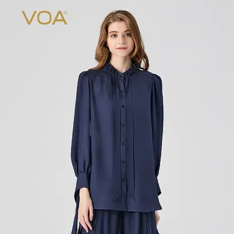 VOA桑蚕丝暗纹提花木耳半高领长袖单排扣弧形下摆直筒真丝衬衫女图片