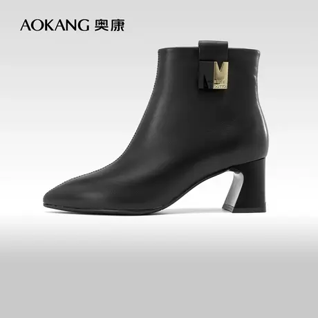 奥康女鞋 2023冬季新款真皮加绒尖头法式及踝靴时尚侧拉链时装靴商品大图