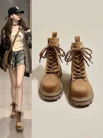 内增高马丁靴女2023年秋冬新款真皮厚底英伦短靴工装港风大黄靴子商品大图