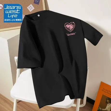 真维斯LIFE黑色短袖t恤女夏季小个子设计感小众半袖宽松显瘦体恤商品大图