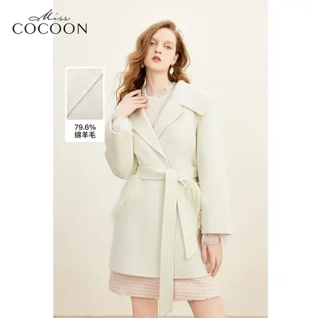 MISSCOCOON静奢风外套2023冬季新女珍珠花边鸵鸟毛装饰毛呢大衣商品大图